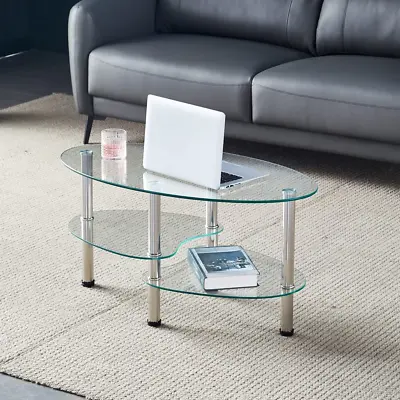 Oval-Shaped Glass Tea Table For Office 3-Tier Modern Coffee Table End Table Fo • $105.99