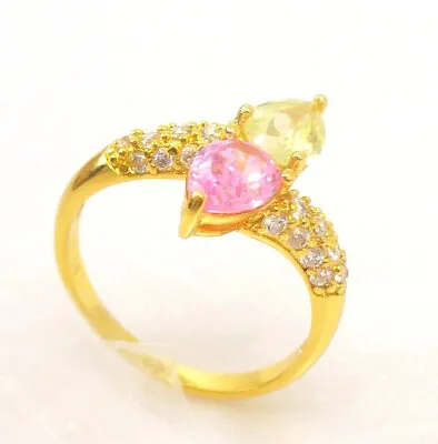 Women 24K Yellow Gold Plated Pink CZ Cubic Zirconia Engagement Ring Size O UK • £13.84