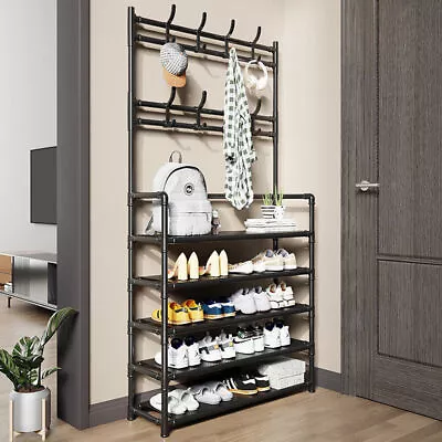 Pratical Hallway Coat Rack Shoe Storage 5 Tiers Metal Stand 8 Hooks & Shelves • £15.99