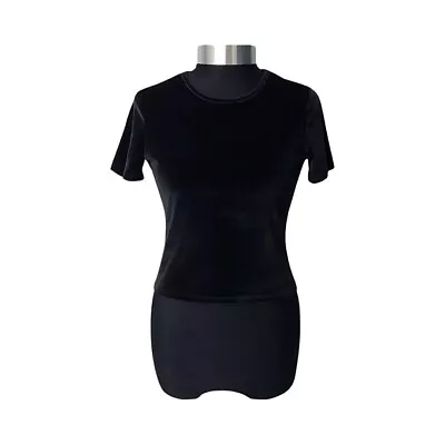 Topshop Crop Top Womens Size UK 8 Black Faux Velvet Short Sleeve Round Neck BNWT • £4.99