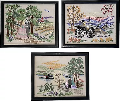 Vintage 70’s Finished Crewel Needlepoint Framed Picture Set Of 3 Courting Couple • $75.49