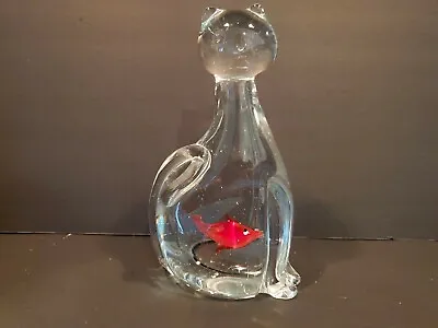 Murano Lead Glass Crystal Cat Art Glass Statue With Gold Fish  • $95