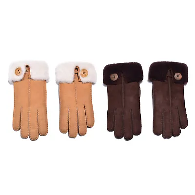 Womens Ladies UGG Button Gloves Premium Warm Sheepskin Wool Chestnut Chocolate • £48.96