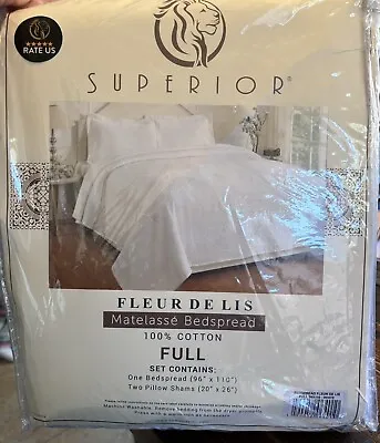 100% Cotton Fleur De Lis Matelasse Full Bedspread White • $79.99