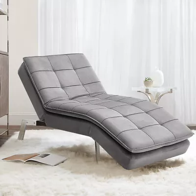 Single Adjustable Grey Velvet Recliner Sleeper Chaise Lounge Sofa Bed Chair • £269.95