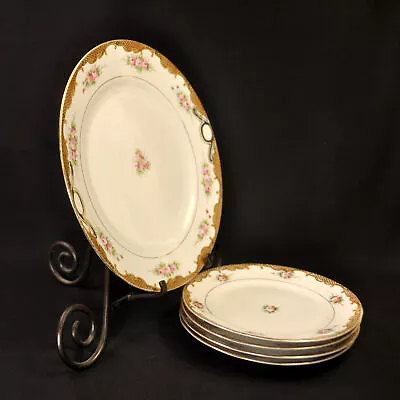 Nippon Maple Leaf Cake & 4 Dessert Plates Hand Painted Pink Roses Gold 1891-1918 • $68.98