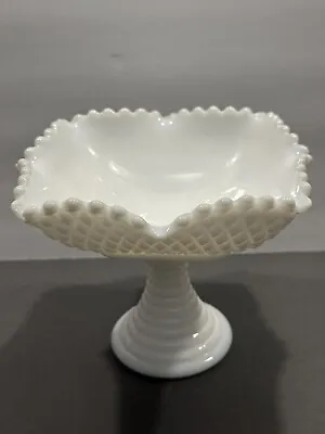 Hobnail - White Milk Glass Fluted Edge Pedestal  Bowl Candy Dish -  5” Tall Vtg • $14.99