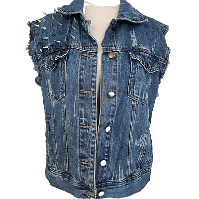 Forever 21 Denim Vest Size M Womens Distressed Ripped Punk Rock Cool Spikes • $22.90