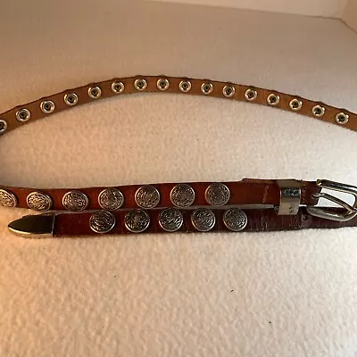 Vintage Brown Leather Belt Western Cowboy Tooled Silver Concho Medallions Mexico • $25