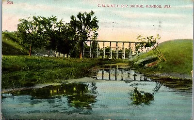 C.M. & St. P. RR Bridge Monroe Wisconsin Postcard (1910) • $4.93