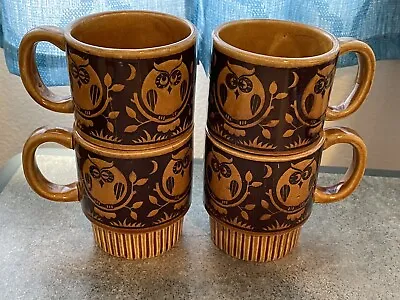 Vintage 1970s Mugs 8 Oz Owl Moon Eyes Retro Japan MCM Set Of 4 Brown Stacking • $39.14