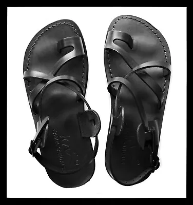 Black Leather Roman Gladiator Jesus Sandals Strap Handmade US (5-16) EU (36-50) • $48.99
