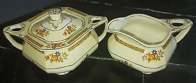 Antique WH Grindley Alton Creamer & Sugar Bowl Sheraton Ivory Cream Band Flowers • $17.95