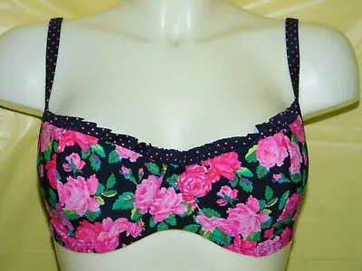 Gorgeous! Black & Pink Floral Balconette Padded Underwired Bikini Top Size 12 • £3.95