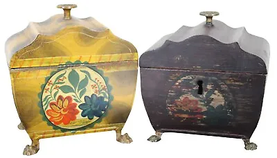 2 Vintage Italian Toleware Painted Metal Tea Caddy Footed Trinket Box Cannisters • $297.50