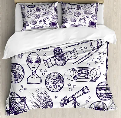 $69.99 • Buy White Duvet Cover Set With Pillow Shams Sketch Alien Planet Art Print