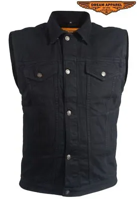 Men's Black Genuine Denim Vest Motorcycle Concealed Collared Waistcoat • $66.59