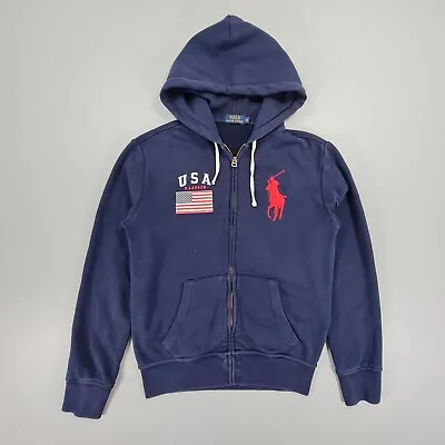 Polo Ralph Lauren Womens Hoodie Navy Blue Small Full Zip Big Pony USA Flag • £19.99