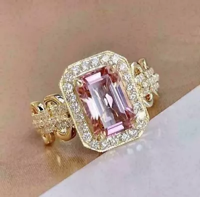 4.00Ct Emerald Cut Pink Morganite Halo Engagement Ring 14K Yellow Gold Finish • $113.21