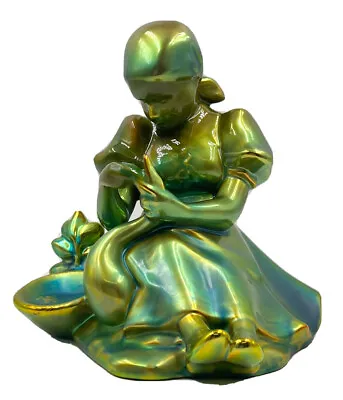 Zsolnay Eosin Green & Gold Porcelain Sculpture  Girl With Goose  1900 - 1940 • $650