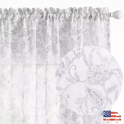 $21.24 • Buy 2 Panels Sheer Floral Embroidered Country Voile Window Curtains For Living Room