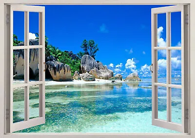 Caribean Beach Sea  Scene View Through Window  Canvas Print Wall Art Picture Uk • £12.99