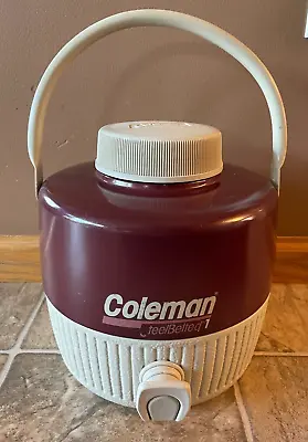 Vintage 1987 Coleman Steel Belted 1 Gallon Water Jug Cooler W/Cup Maroon & White • $17.95