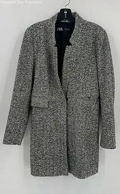 Zara Womens Black White Herringbone Cotton Blend Long Sleeve Blazer Coat Medium • $17.99