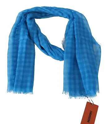 MISSONI Scarf Blue Check 100% Cashmere Unisex Neck Wrap Fringe 180cm X 70cm $500 • $144.50