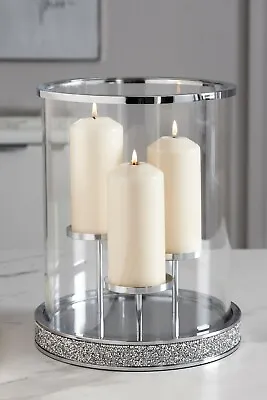 3 Pillar Candle Holder Harper Gem Silver Glass Candle Centerpiece Hurricane 32Cm • £24.99