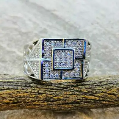 14K White Gold 2.36 Ct Cubic Zircon Ring Modernist Cluster Engagement Men's Ring • $171.87