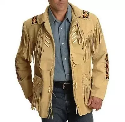 Mens Native American Western Cowboy Real Suede Leather Jacket Fringe & Beaded • $134.99