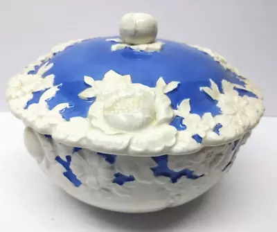 Vintage Moriyama Mori-machi 5 1/4  Covered Bowl Blue White Hand Painted Japan • $64.79