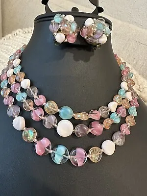 VTG 1960s West Germany Necklace Clip On Earrings 3 Strand Lucite Pastel Beads • $49