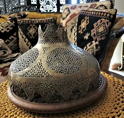 Antique Islamic Brass Lamp Shade Pierced Geometrical Cartouches 11  X 7   • $225