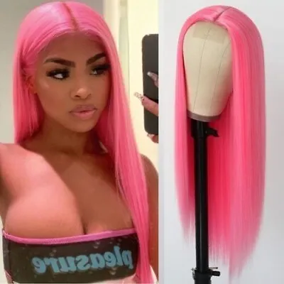 Pink Wig Synthetic Lace Front Wigs Fashion Women Natural Straight Long Cosplay • $15.10