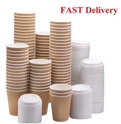Disposable Paper Coffee Cups With Lids Insulated Ripple Cups Hot Drink Cups 12oz • £68.99