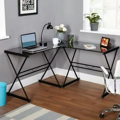 L Shape Office Desk Metal Glass Top Computer Workstation Corner Gaming Table  • $99.99