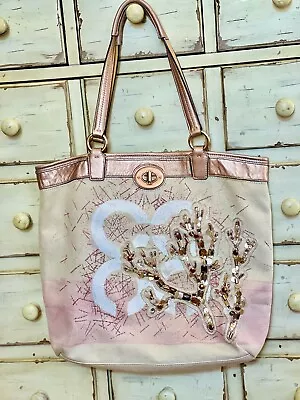 Coach Audrey Coral Leigh Tote Leather & Canvas 17031 Beads & Shells Details • $54.95