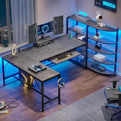 L Shaped Computer Desk 63'' U Shaped Office Desk With Keyboard Tray &LED Lights • $139.97