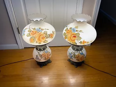 2 L & L WMC Vintage 1971 Gone With The Wind Hurricane Lamps 3-Way Flower Glass • $200