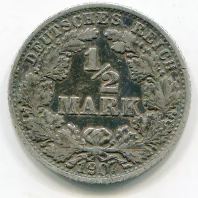 Germany Empire 1/2Mark 1907-F KM-17 Key Date Nice Coin   Lotjan3633 • $11.75