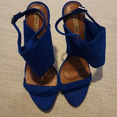 Zara Basic Collections Royal Blue Ankle Strap Suedette Heels Size 38 US 7.5 • $44.99