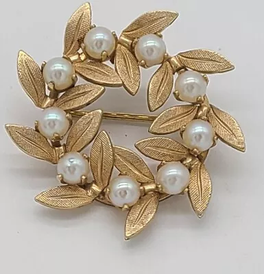 Vtg Laurel Wreath Brooch Circle Pin 12K GF Pearls Signed Van Dell Estate Find 1  • $12.99