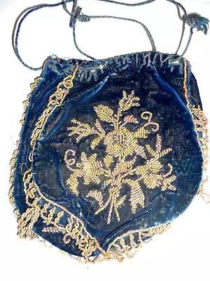 Antique Blue Velvet Beaded Drawstring Reticules Purse • $74.99