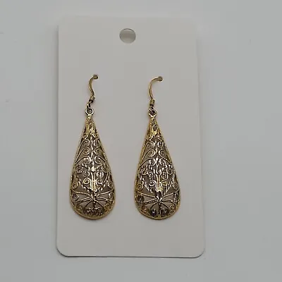 M & M 925 Sterling Silver Gold Filigree Teardrop Earrings 2  Drop Vintage Dangle • $28.07