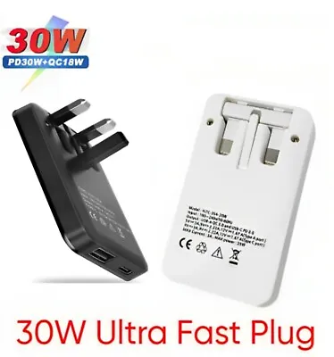 30W Ultra Slim Fast Charger Plug USB C PD & USB-A QC Folding Pins Dual Ports • £12.99