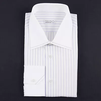 Zilli White-Lavender-Sky Blue Striped Cotton Dress Shirt 15.75 (Eu 40) • $329