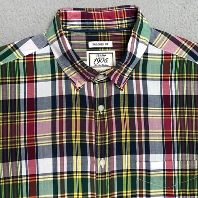 Jos A Bank Shirt Mens L Madras Plaid Tailored Fit Short Sleeve Button Down • $15.62