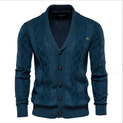 Men Shawl Collar Cardigan Sweater Soild Button Down Cable Knitted Sweater Coat • $44.98